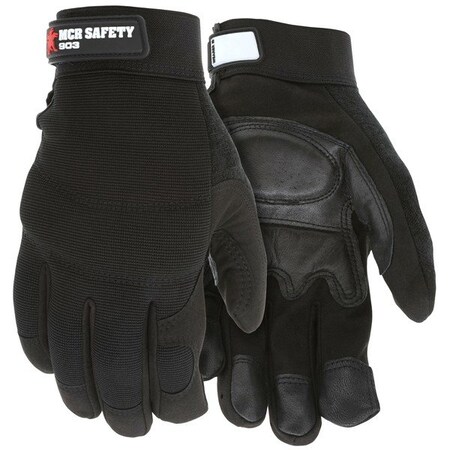 Mcr Safety Mechanics Gloves, Large, Leather, Black, Adjustable Closure, PR 903L